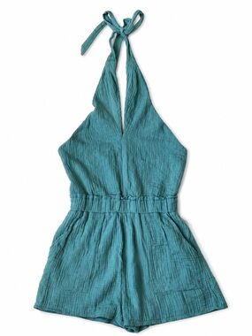 Listicle Teal Gauze Halter Romper Smocked Back Pockets Size Small